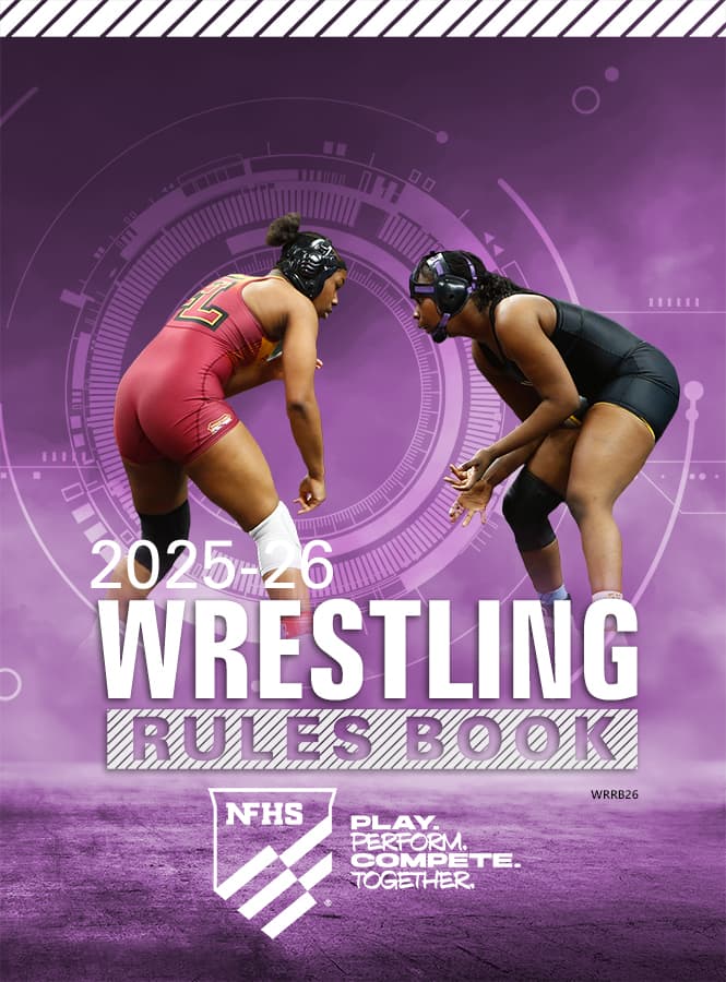 Two wrestlers face off on the cover of the 2025-26 NFHS Wrestling Rules Book, with a purple background and white text.